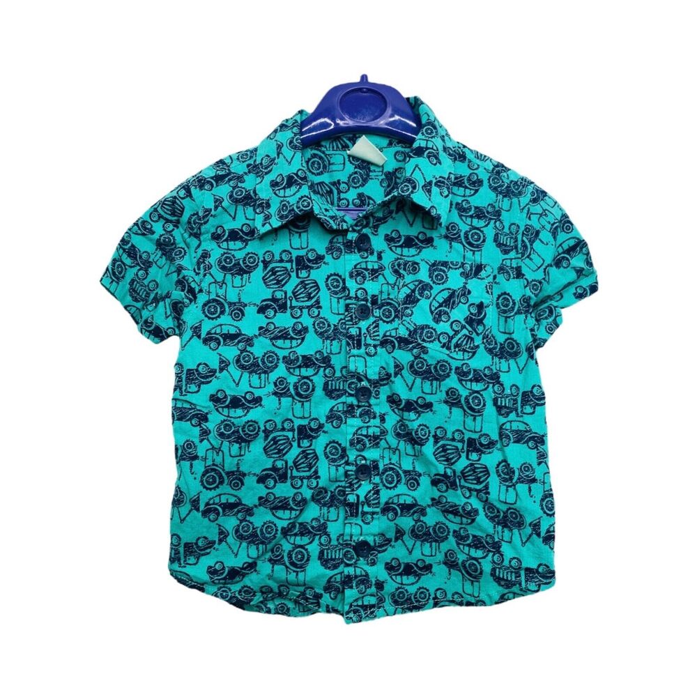 Peanut & Ollie Boy’s Button-Down Shirt Green Cars Pattern Infant Size 18-Month's